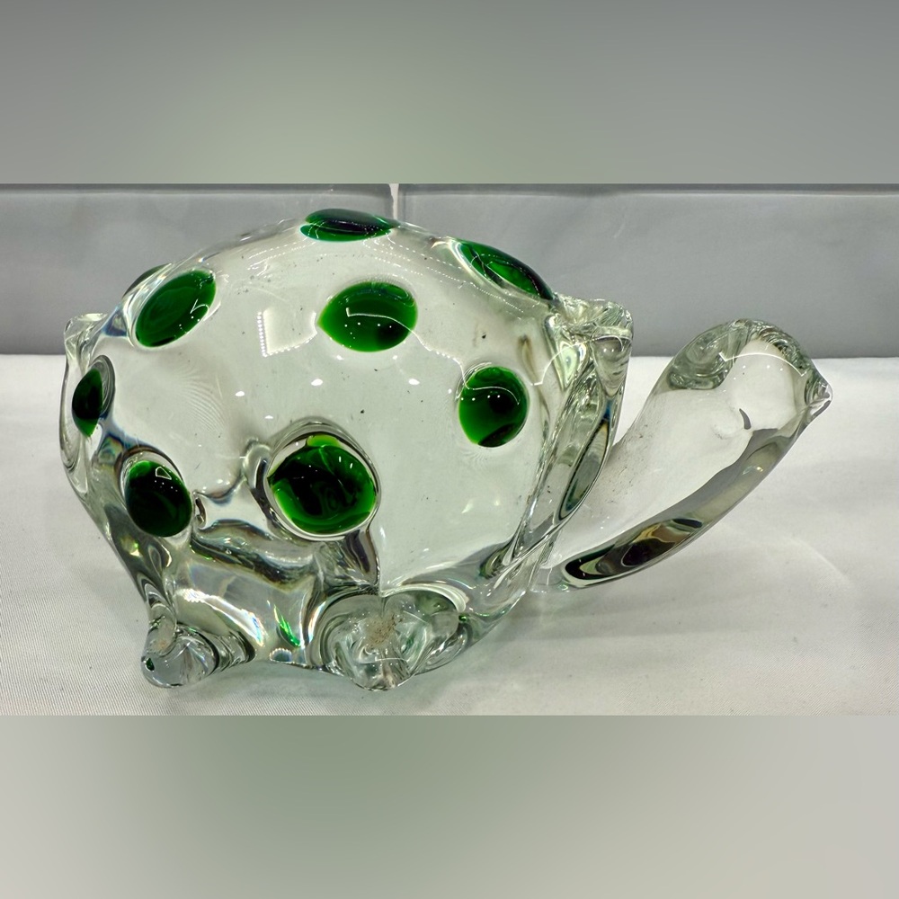Vintage Murano Italian Art Glass Turtle Green Dot Figurine Paperweight MCM
